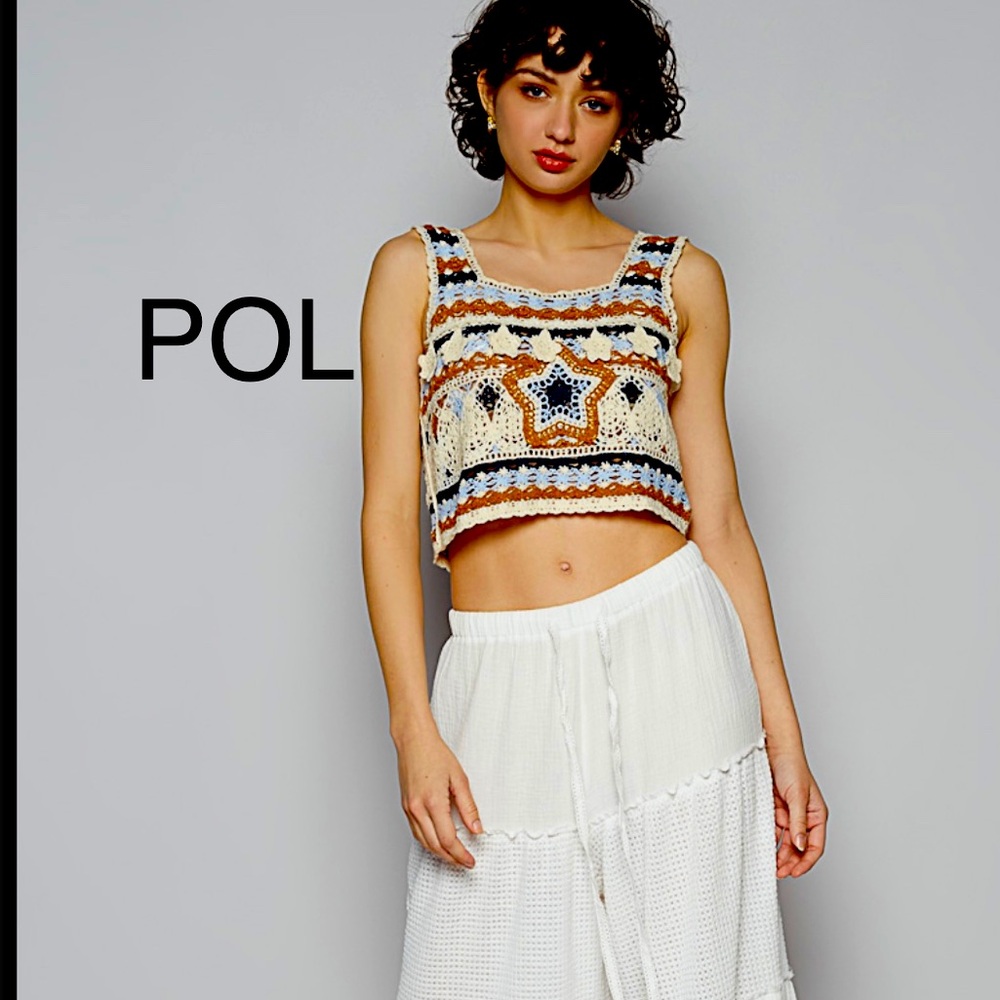 BP30-6💙POL in paradise cropped boho sleeveless sweater NWOT!